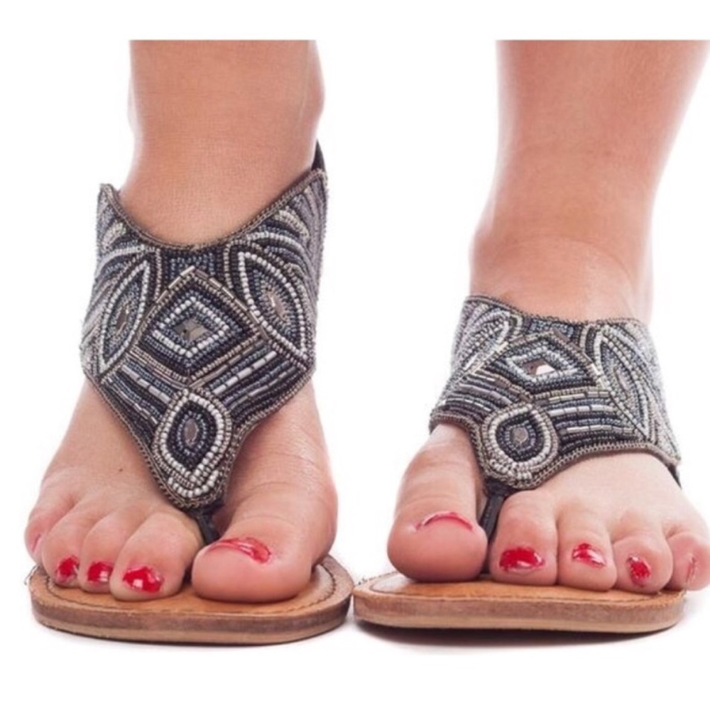 Black Hand Beaded Boho Leather Thong Sandals - Picture 2 of 4